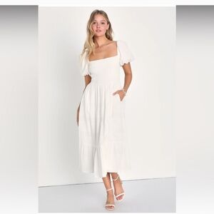 LULUS Budding Charm White Puff Sleeve Midi Dress With Pockets Small